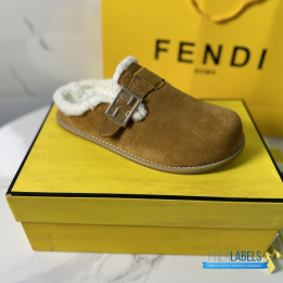 QC Fendi Brown Suede and Shearling Clogs