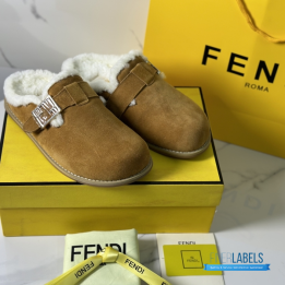 QC Fendi Brown Suede and Shearling Clogs