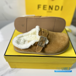 QC Fendi Brown Suede and Shearling Clogs