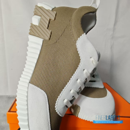 QC Hermès Bouncing Sneakers in a khaki or brown technical mesh and white suede colorway