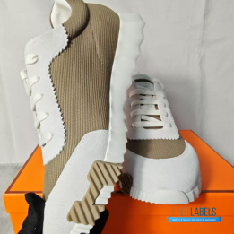 QC Hermès Bouncing Sneakers in a khaki or brown technical mesh and white suede colorway