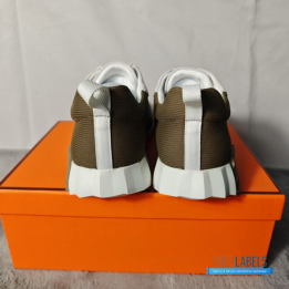 QC Hermès Bouncing Sneakers in a khaki or brown technical mesh and white suede colorway
