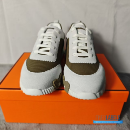 QC Hermès Bouncing Sneakers in a khaki or brown technical mesh and white suede colorway