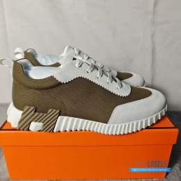 QC Hermès Bouncing Sneakers in a khaki or brown technical mesh and white suede colorway