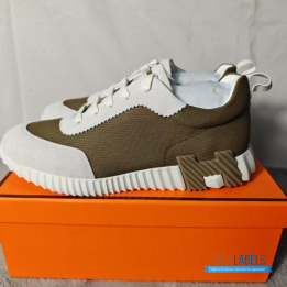 QC Hermès Bouncing Sneakers in a khaki or brown technical mesh and white suede colorway
