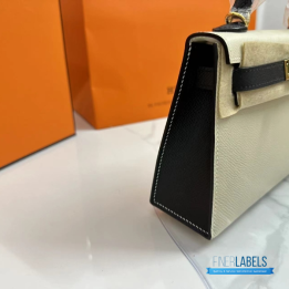 QC Hermès Mini Kelly 20 in Craie and Black Epsom Leather