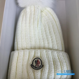 Moncler Ribbed Wool Beanie in White with a fur Pom Pom