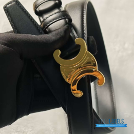 QC Celine Triomphe Belt in Black Leather with a Gold Buckle