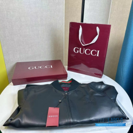 QC Gucci Black Leather Bomber Jacket