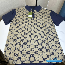 QC Gucci Men's GG Silk and Cotton Jacquard Polo Shirt