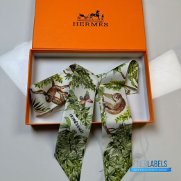 QC Hermes Silk Equateur Twilly Creme Vert Multicolore