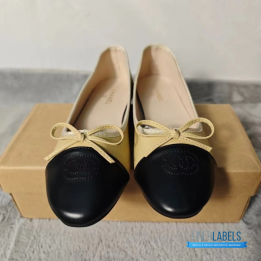 QC Chanel Beige Lambskin Cap Toe CC Ballerina Flats