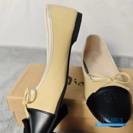 QC Chanel Beige Lambskin Cap Toe CC Ballerina Flats
