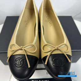 QC Chanel Beige and Black Lambskin Ballet Flats