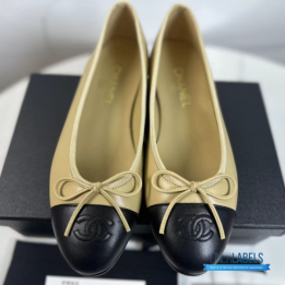 Chanel Beige and Black Lambskin Ballet Flats