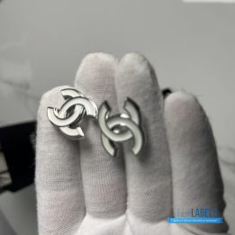 QC Chanel White Enamel CC Stud Earrings