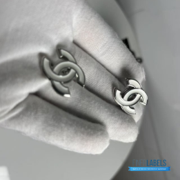 QC Chanel White Enamel CC Stud Earrings