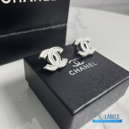 QC Chanel White Enamel CC Stud Earrings