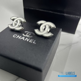 QC Chanel White Enamel CC Stud Earrings