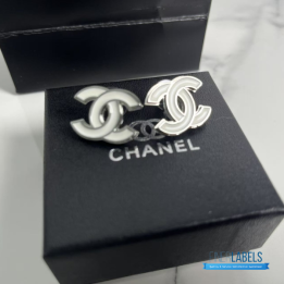 QC Chanel White Enamel CC Stud Earrings