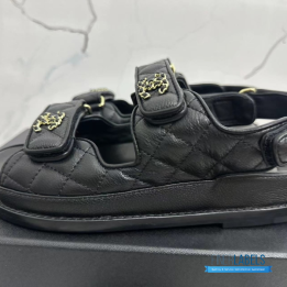 QC Chanel Grained Calfskin Velcro Dad Sandals in Black