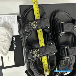 QC Chanel Grained Calfskin Velcro Dad Sandals in Black