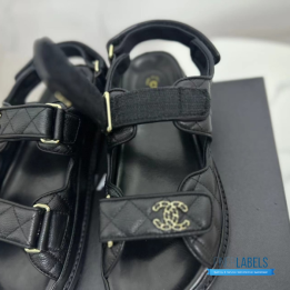 QC Chanel Grained Calfskin Velcro Dad Sandals in Black