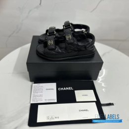 QC Chanel Grained Calfskin Velcro Dad Sandals in Black