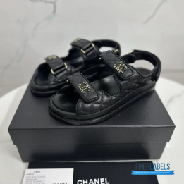 QC Chanel Grained Calfskin Velcro Dad Sandals in Black