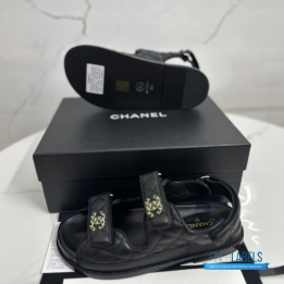 QC Chanel Grained Calfskin Velcro Dad Sandals in Black