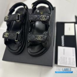 QC Chanel Grained Calfskin Velcro Dad Sandals in Black