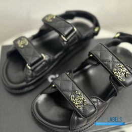 QC Chanel Grained Calfskin Velcro Dad Sandals in Black