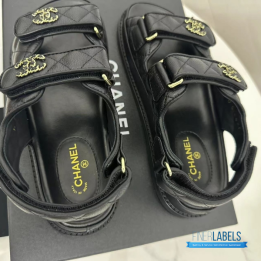 QC Chanel Grained Calfskin Velcro Dad Sandals in Black