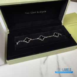 QC VCA Vintage Alhambra 5-motif Bracelet in 18k White Gold and Black Onyx