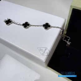 QC VCA Vintage Alhambra 5-motif Bracelet in 18k White Gold and Black Onyx