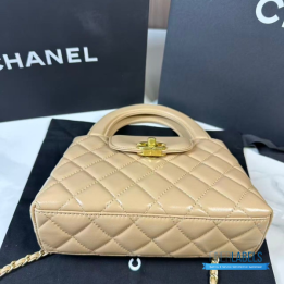 QC Chanel Quilted Shiny Aged Calfskin Nano Kelly Shopper in Beige
