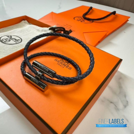QC Hermès Tournis Tresse Bracelet in Navy Blue