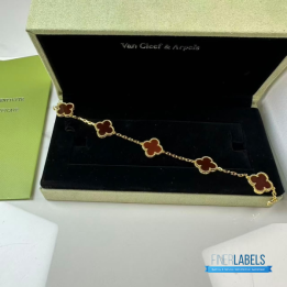 QC VCA Vintage Alhambra 5-motif bracelet featuring red carnelian clover motifs