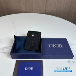 QC CD Saddle Magnetic Card Holder in black grained calfskin and black Dior Oblique jacquard
