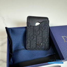 QC CD Saddle Magnetic Card Holder in black grained calfskin and black Dior Oblique jacquard