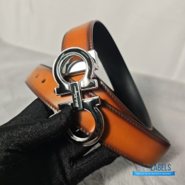 QC Salvatore Ferragamo Gancini Reversible Leather Belt in Brown Leather with a Silver-Tone Buckle