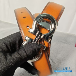 QC Salvatore Ferragamo Gancini Reversible Leather Belt in Brown Leather with a Silver-Tone Buckle
