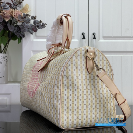 LV Keepall Bandoulière 45 (Banana Yellow LV Stamp Linen-and-Cotton Coated Canvas)