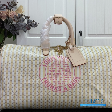 LV Keepall Bandoulière 45 (Banana Yellow LV Stamp Linen-and-Cotton Coated Canvas)