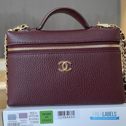 Chanel 26A Slim Vanity Case with Chain Small - Lunch Box (Maroon Grained Calfskin)