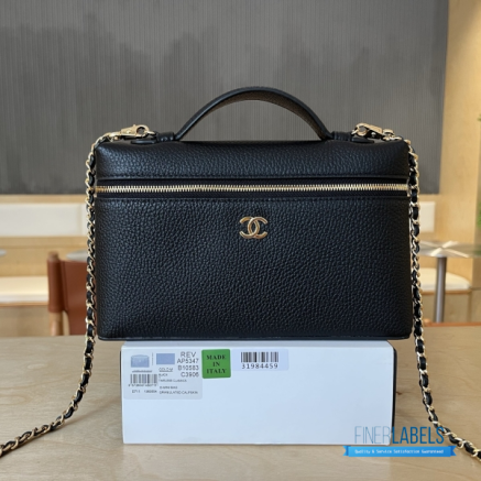 Chanel 26A Slim Vanity Case with Chain Medium- Lunch Box (Black Granulated Calfskin)