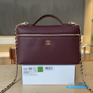 Chanel 26A Slim Vanity Case with Chain Medium- Lunch Box (Maroon Granulated Calfskin)