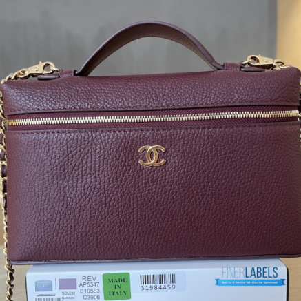 Chanel 26A Slim Vanity Case with Chain Medium- Lunch Box (Maroon Granulated Calfskin)