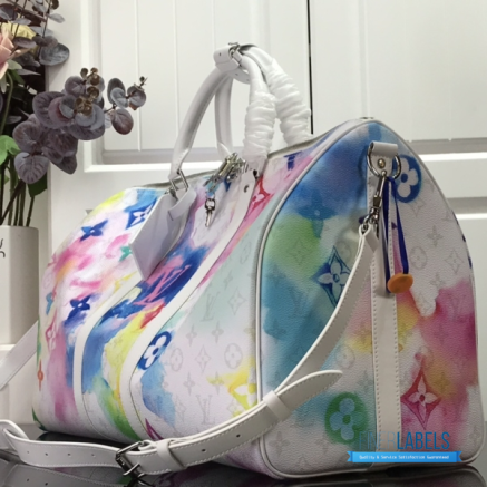 LV Keepall Bandoulière 50 (White Multicolor Watercolor Monogram Coated Canvas)