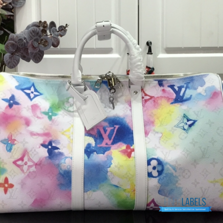 LV Keepall Bandoulière 50 (White Multicolor Watercolor Monogram Coated Canvas)